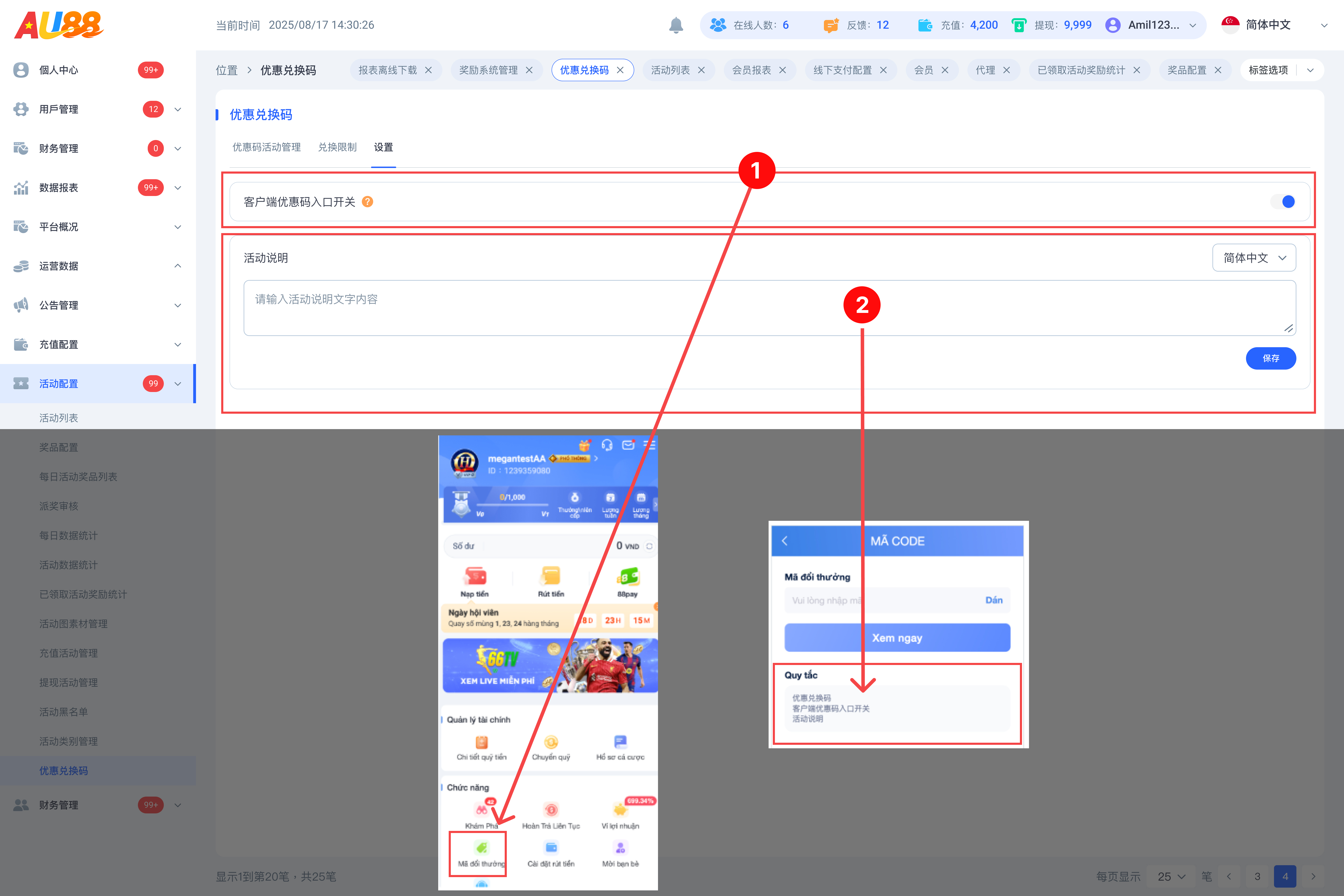 优惠码说明设置界面